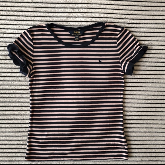 Polo Ralph Lauren Girl Pink/Navy Striped Short Ruffle Sleeve Shirt Size L(12-14) - Picture 1 of 4